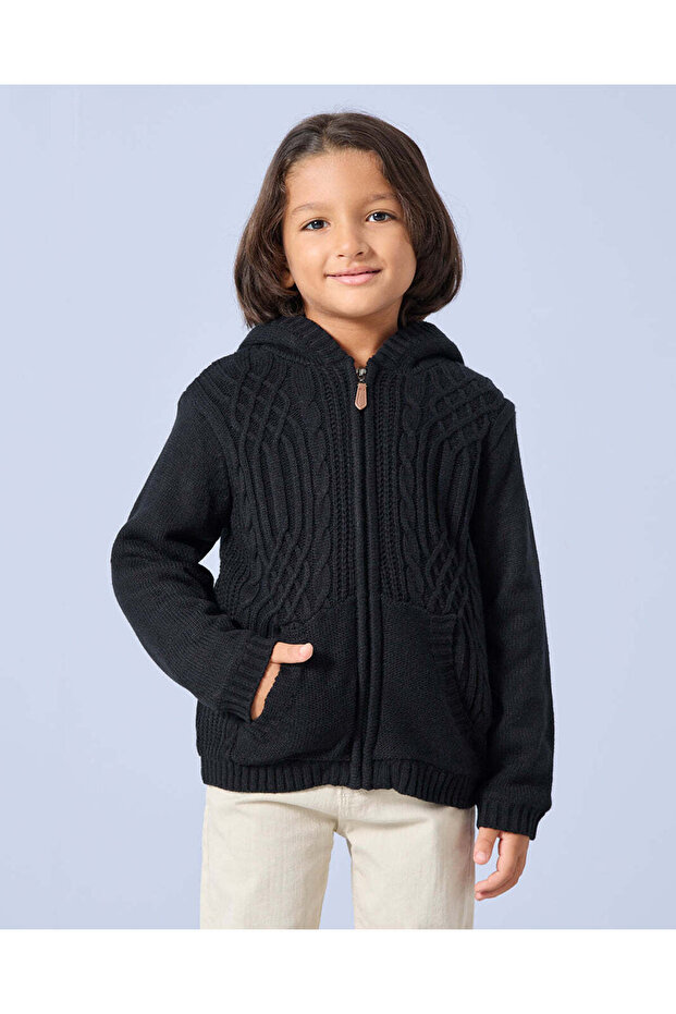 Boys Black Zip Thru Fur Lining Hooded Cardigan