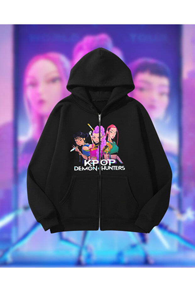 Kpop Demon Hunters Oversized Zippered Black Unisex Hooded Cardigan
