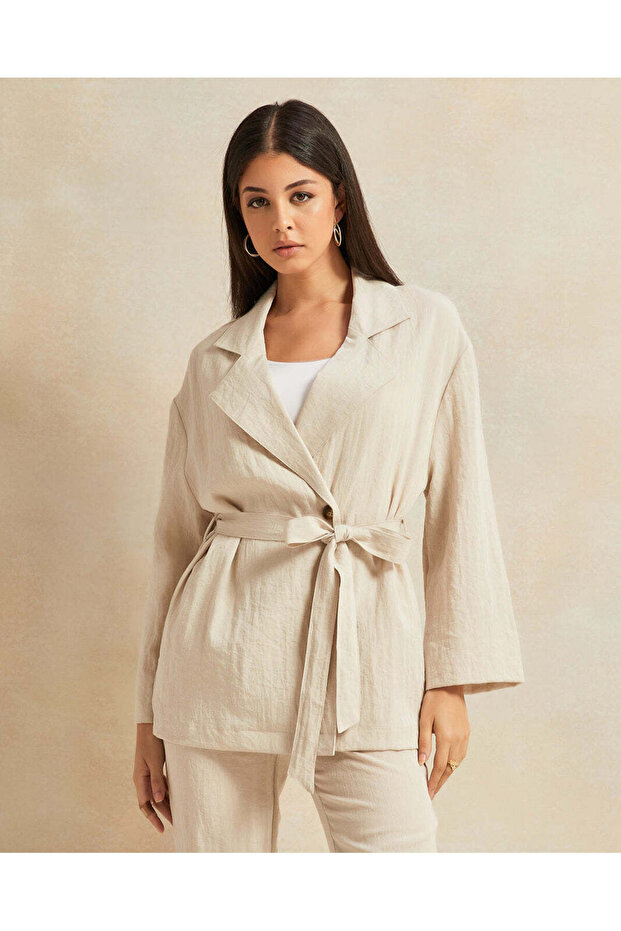 Women Beige Linen Jacket