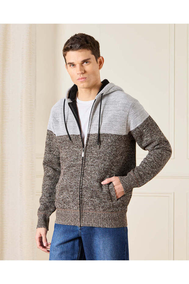 Men Grey Knitted Hooded Pullover