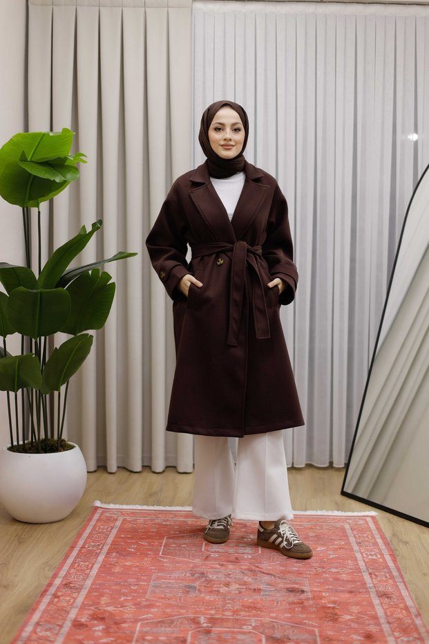 Women's Jacket Collar Double-Breasted Belted Cashmere Coat Premium - Brown