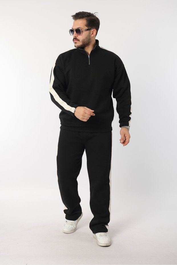 Yandan Striped Cotton Ov Oversized Alip Half Zipper Tracksuit Set