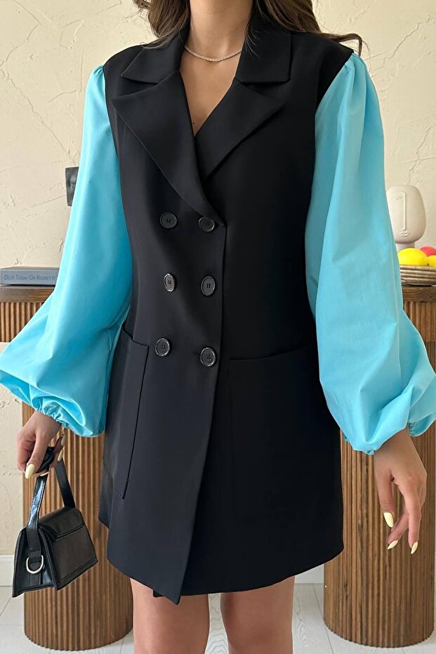 Siyah Mini Blazer Elbise - 4