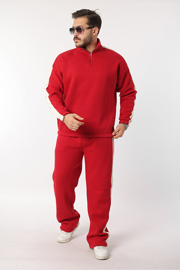 Yandan Striped Cotton Ov Oversized Alip Half Zipper Tracksuit Set