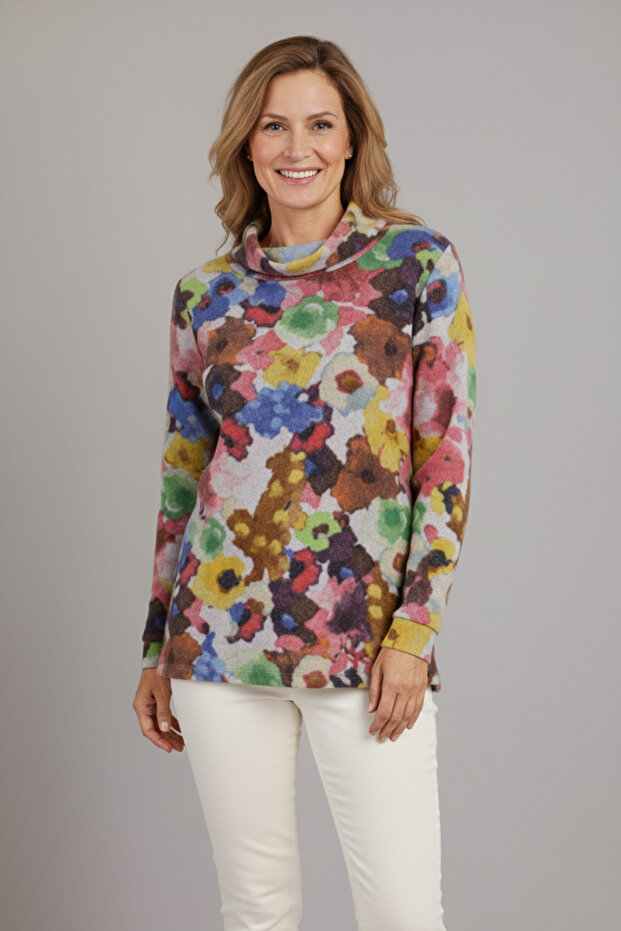 Women's Plus Size Stretch Fabric High Neck Floral Pattern Soft Sweater Mother Blouse