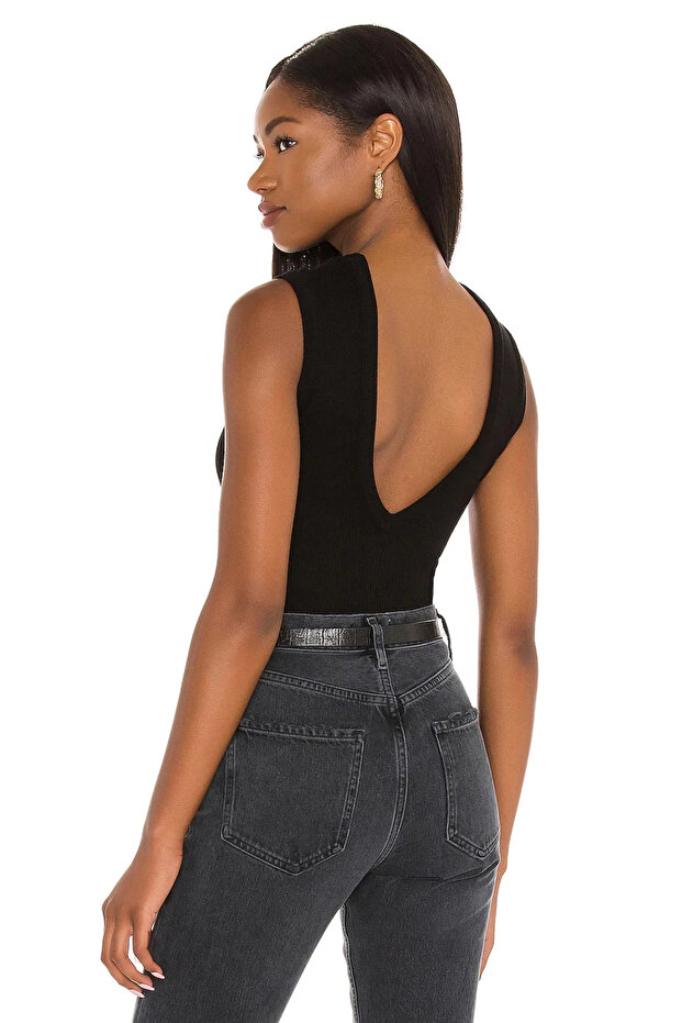 Women's Black High Collar Backless V Detailed Zero Sleeve Jersey Snap Fastener Gathering Bodysuit
