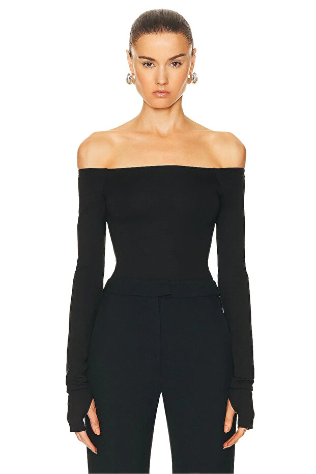 Women's Black Strapless Off Shoulder Long Sleeve Fingerless Silk Jersey Snap Closure Gathering Bodysuit