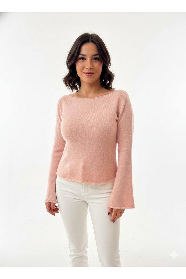 Women's Pink Boat Neck Half Spanish Wide Sleeve Detailed Knitwear Sweater