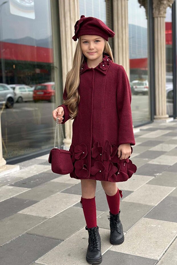 Girls' Collar with Stone and Clover Detail Snap-Button Burgundy Melton Coat