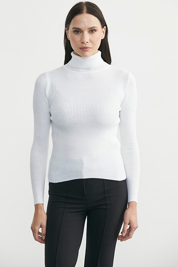 Tam Balıkçı Fitilli Basic Triko Kazak - Beyaz - 1