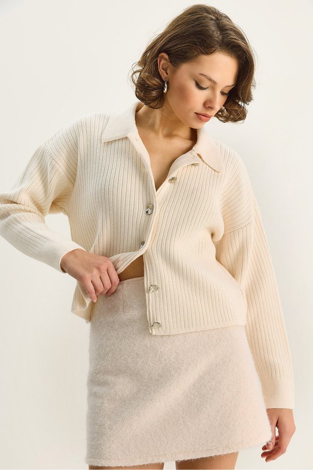 Women's Cream Shirt Collar Button Detailed Knitted Knitwear Cardigan Th251055 60283740