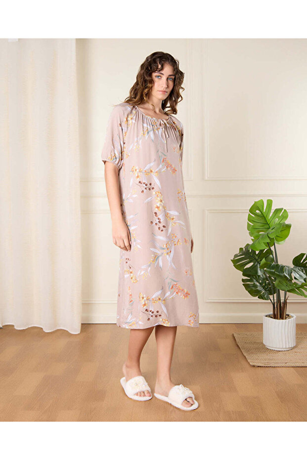 Women Beige Printed Nightgown