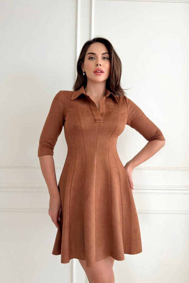 Yakalı Nubuk Mini Elbise - 1