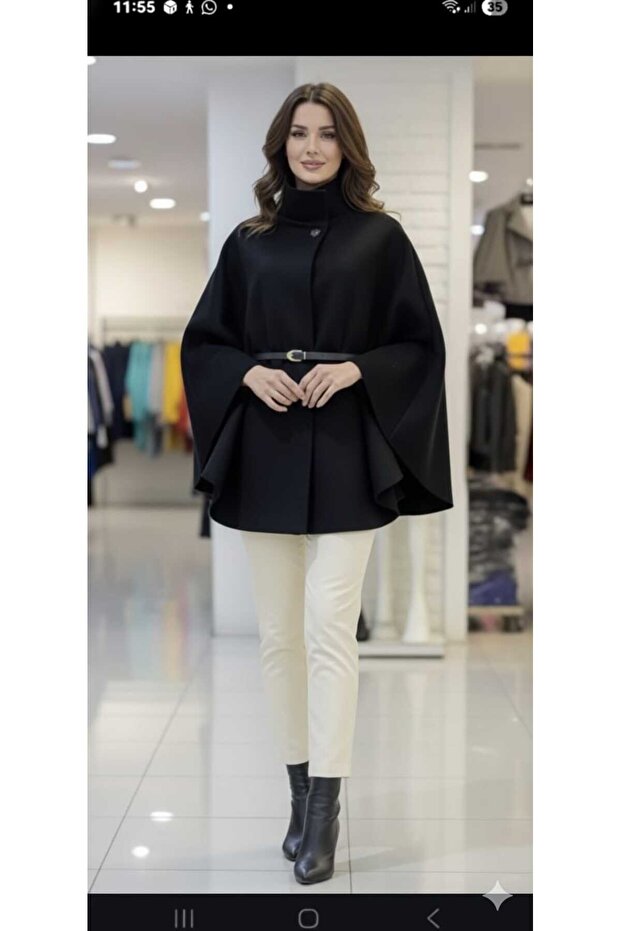 Premium Quality Belted Relaxed Black Cashmere Cape