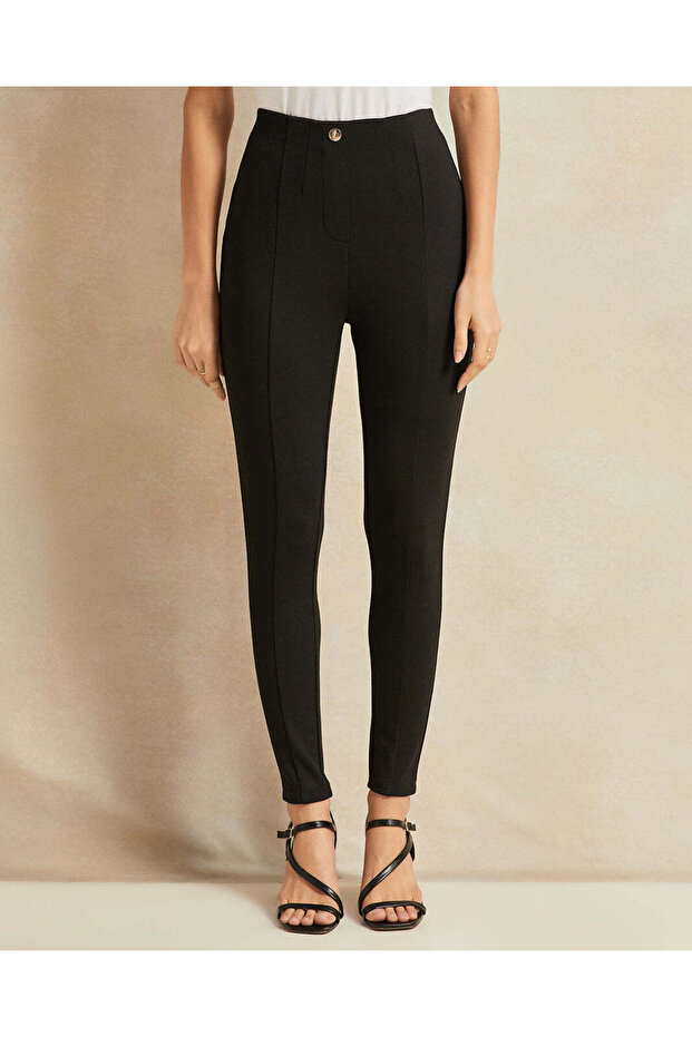 Women Black Gold Button Detailed Leggings