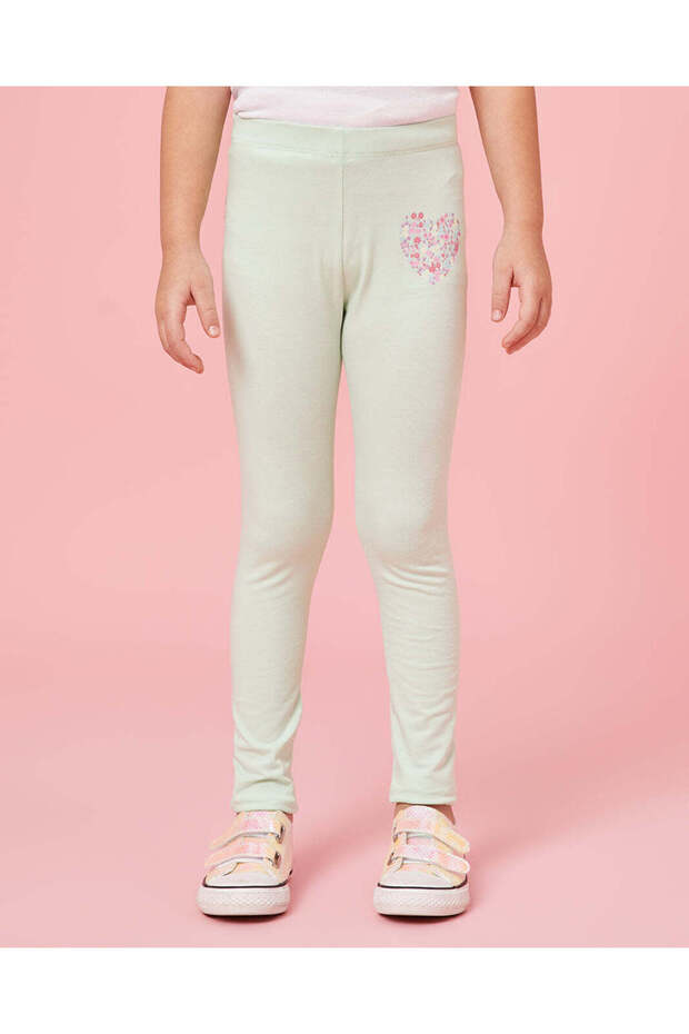 Girls Green Heart Placemet Print Leggings