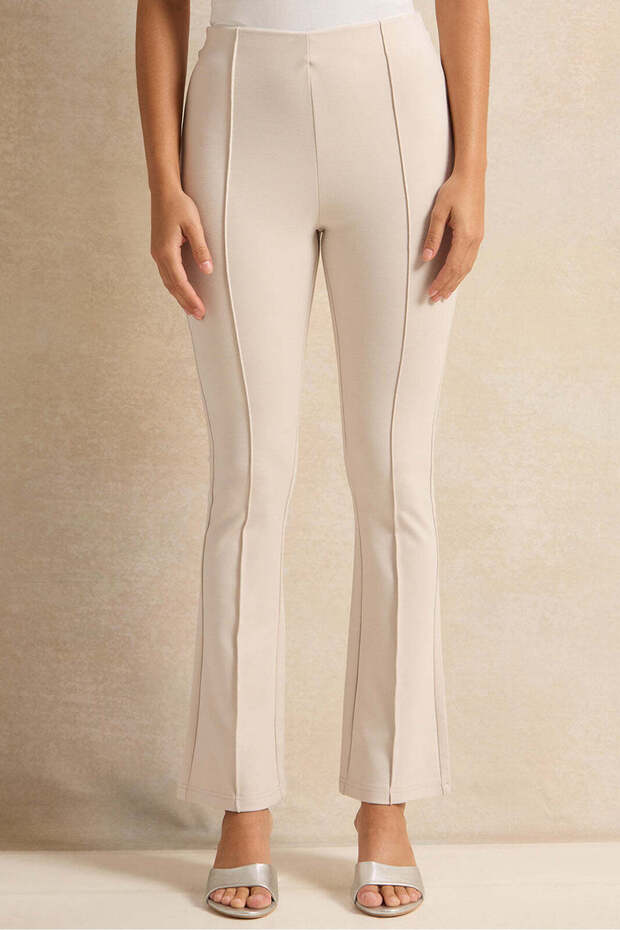 Women Beige Front Pleat Flare Leggings