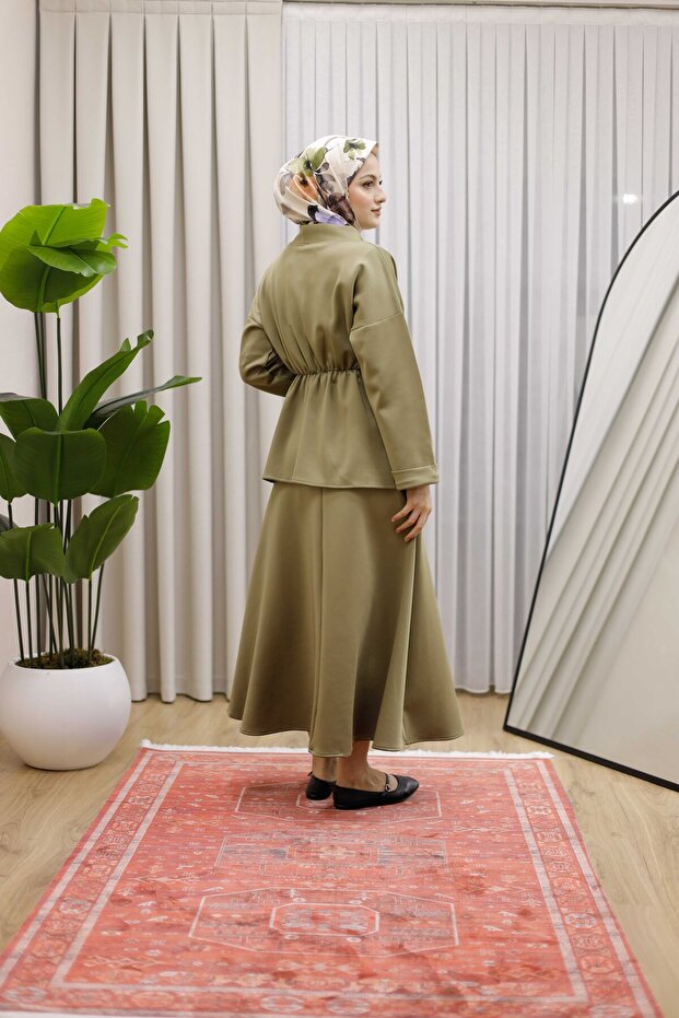 Drawstring Waist, Button Detail on the Front, Skirted Hijab Suit - 4