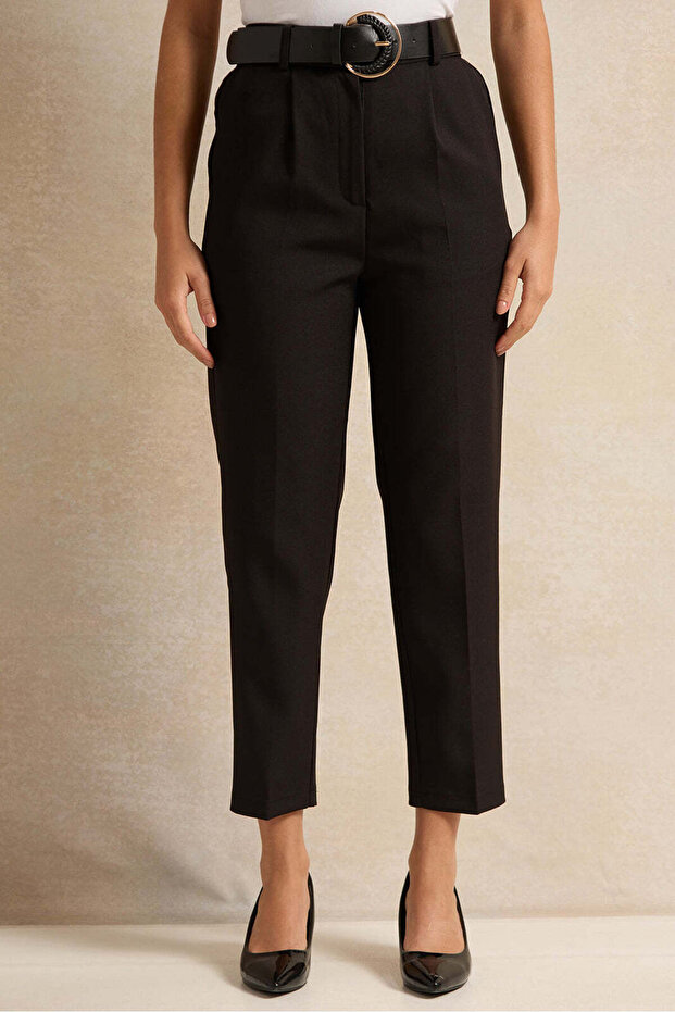 Women Black Belted Tapered Trousers