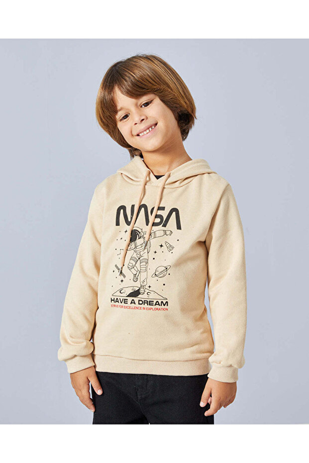 Boys Beige Hooded Nasa Print Sweatshirt