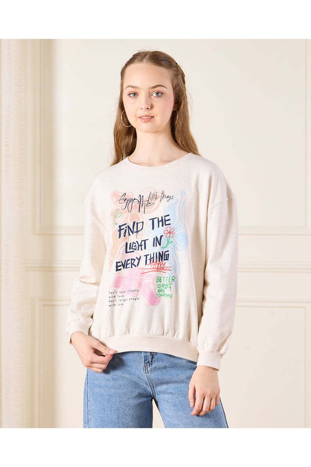 Senior Girls Beige Printed Drop Shoulder Sweatshirt