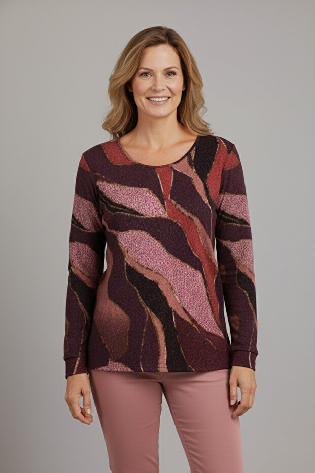 Women's Plus Size Lycra Crew Neck Mix Pattern Soft Sweater Mother Blouse