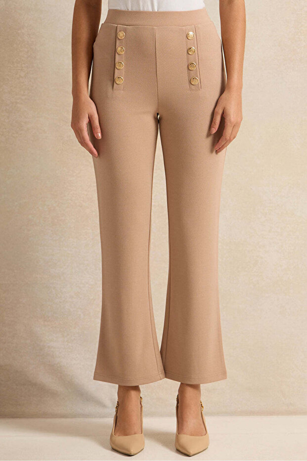 Women Beige Metal Buttoned Straight Leg Trouser