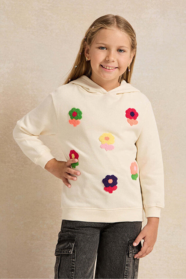Girls White Embroidered Hooded Sweatshirt