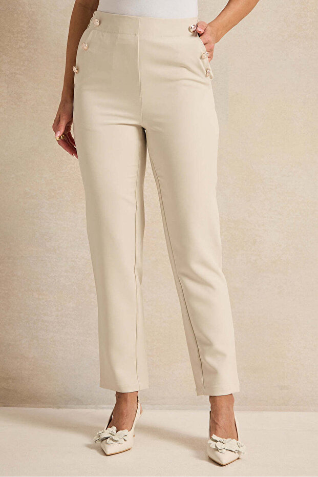 Women Beige Button Detailed Trousers