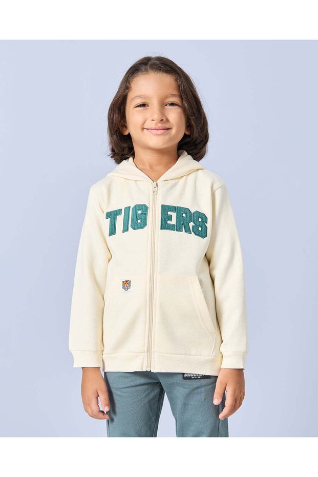Boys Ivory Tiger Zip Thru Hooded Sweatshirt