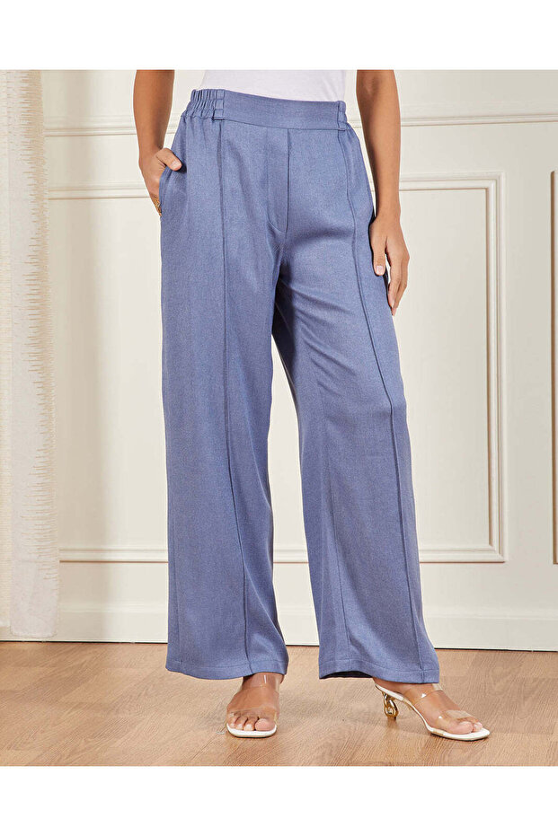 Women Blue Wide Leg Back Elasticated Trousers