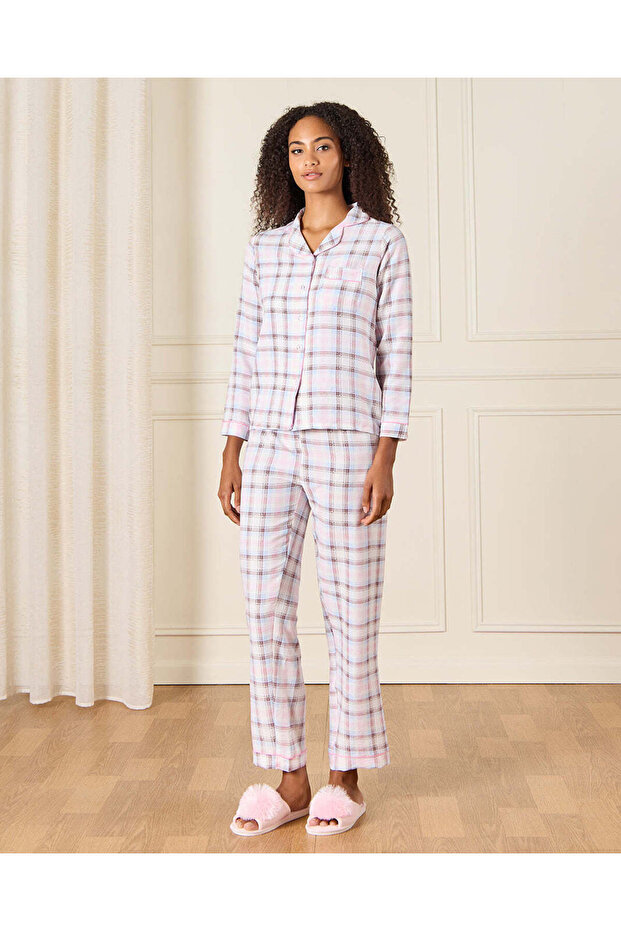 Women Blue And White Collared Pyjama Set (2 Piece)