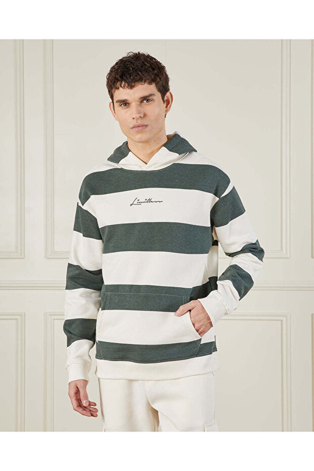 Men Green And White Striped Hooded Sweatshirt