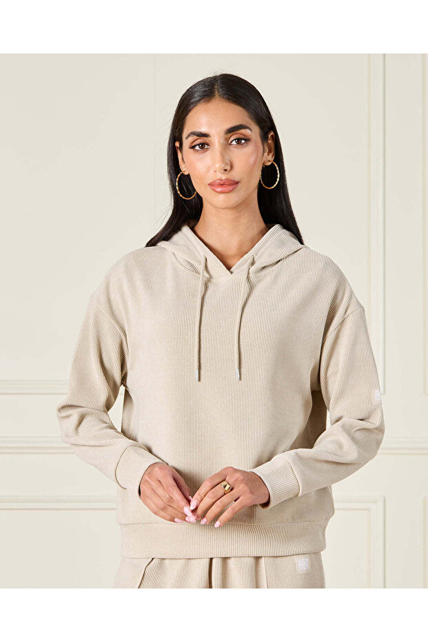 Women Beige Hooded Sweatshirt