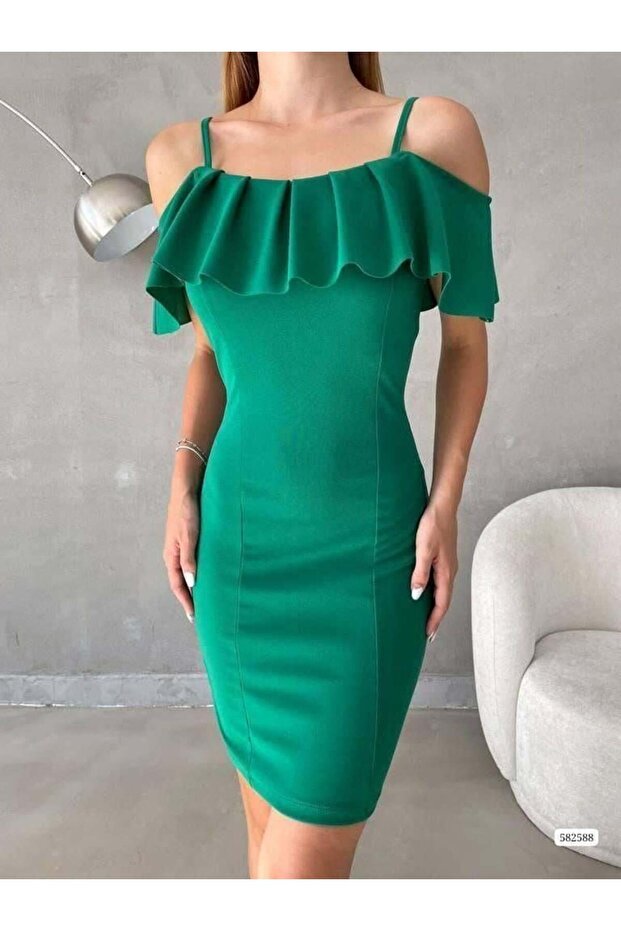 Thin Strap Madonna Neckline Ruffled Flounce Arizona Evening Dress 582588 Green