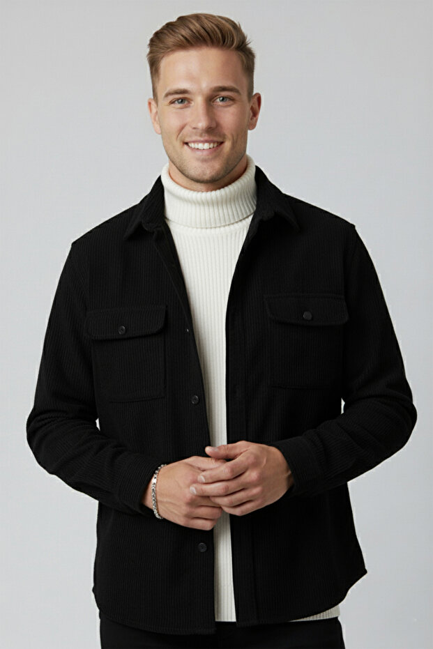 Black Stretch Fabric Velvet Fabric Relaxed Fit Men's Shirt – Soft Texture, Stylish Design 2600759