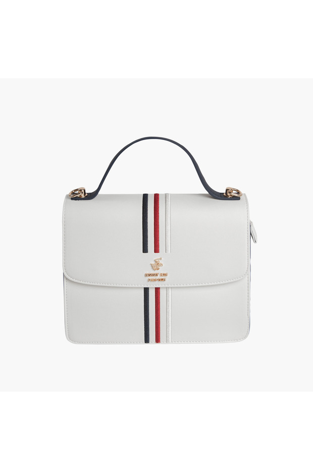 Logo Detail Satchel Bag with Flap Closure and Detachable Strap