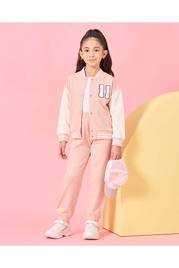 Girls Pink Buttoned Jog Suit (2 Piece)