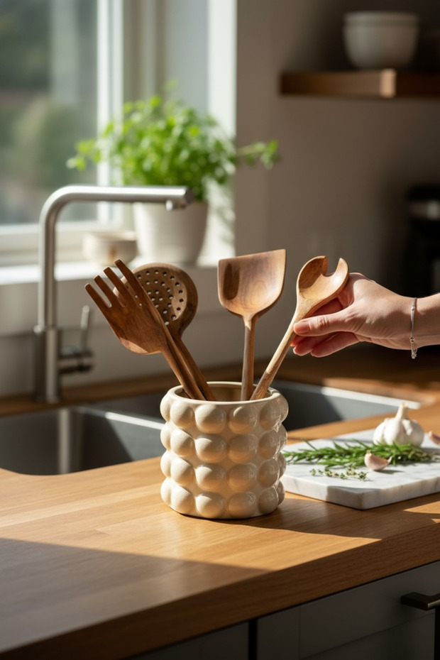 مزهرية سيراميك كريمية / حامل ملاعق - 1