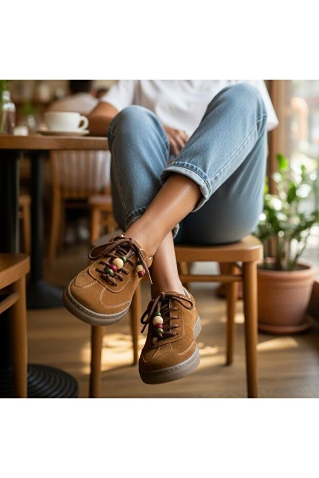 Tan Suede Genuine Leather Lace-Up Women's Casual Sneaker