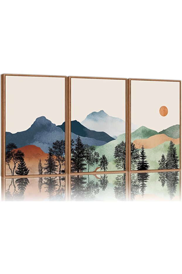 Boho Mountain Nature Landscape Framed Canvas Wall Art Set of 3 (40x60 cm Framed)