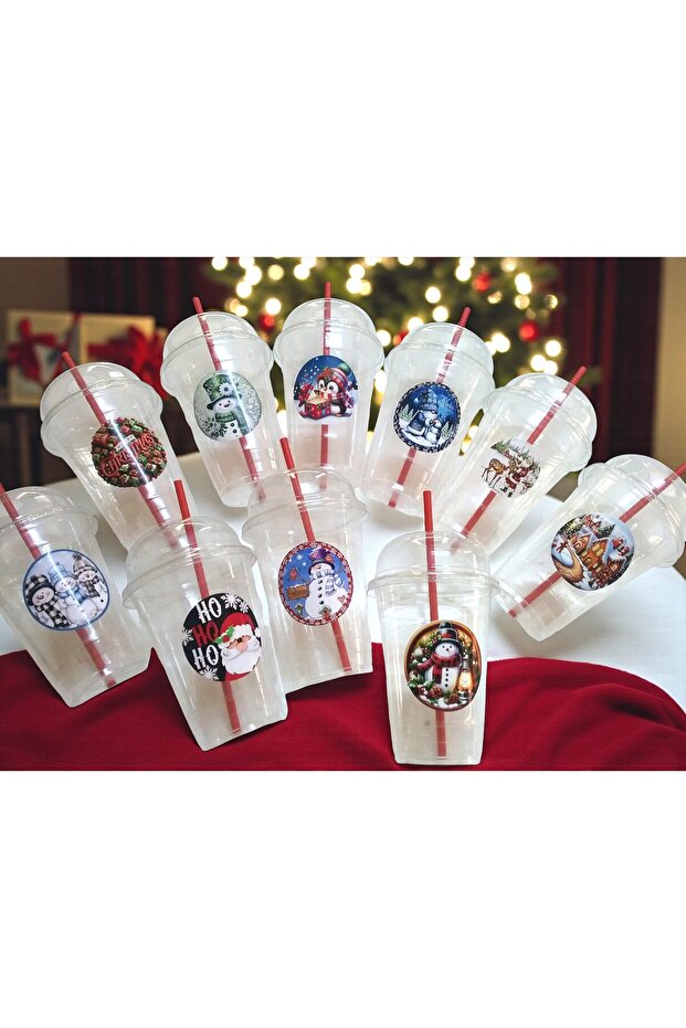 Set of 10 New Year Themed 400 Cc Plastic Lemonade Milkshake Cups with Perforated Lids and Paper Straws