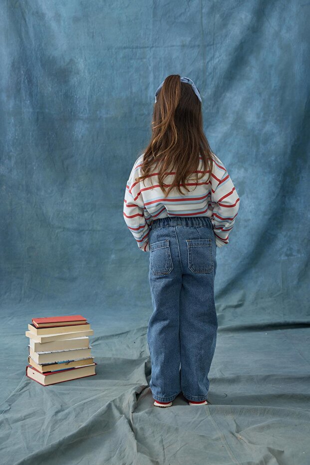 Nervürlü Denim Pantolon - mavi - 4