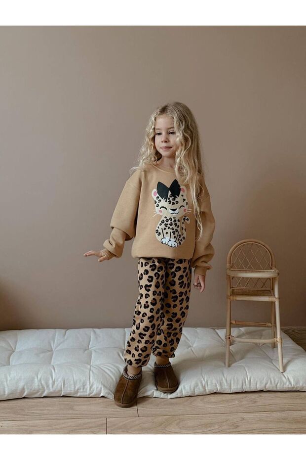 Cat Patterned Leopard Girl's Top and Bottom Set