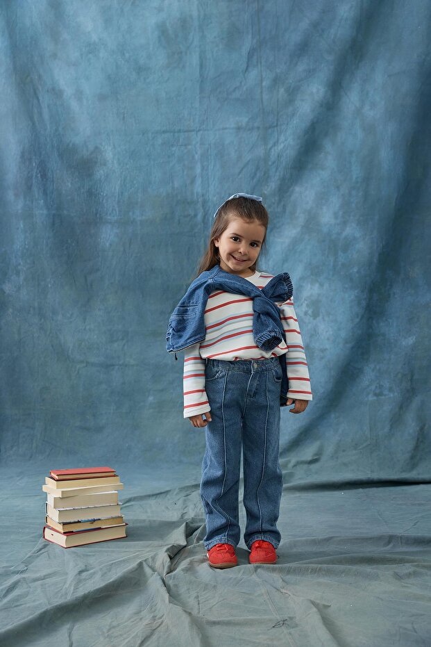 Nervürlü Denim Pantolon - mavi - 5