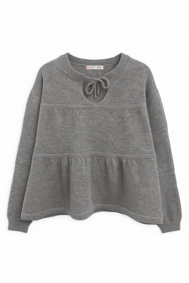 6950 Women's Collar Lace-Up Pleated Knit Sweater Anthracite