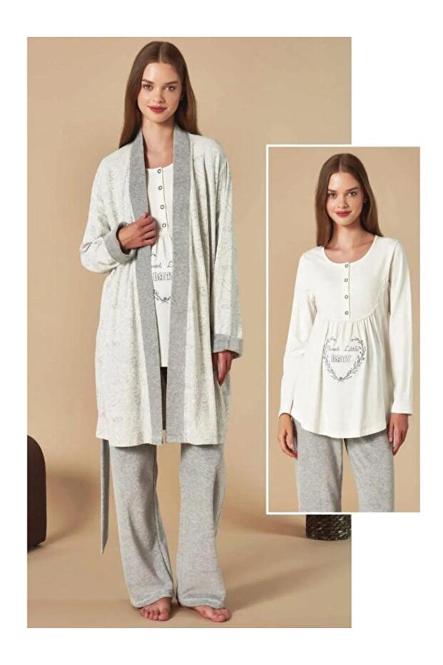 Women's Pregnant-Maternity Pajama Set - with Dressing Gown - 3-Piece Set