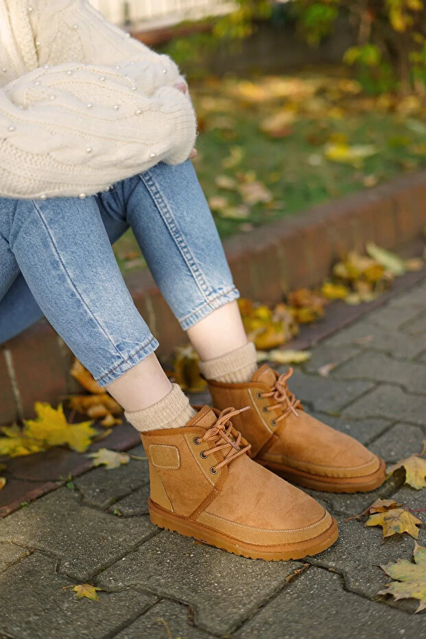 Bağcıklı Süet Tüylü Kadın Bot - Taba - 1