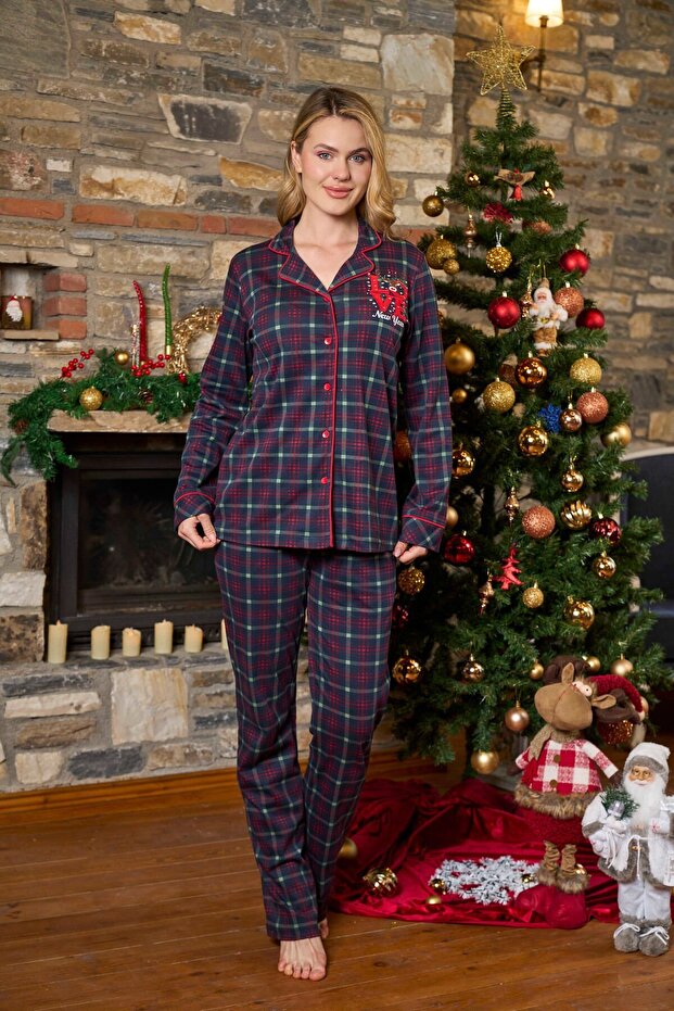 New Year Themed Plaid Pattern Shirt Pajama Set Cossybyaqua 26202-44