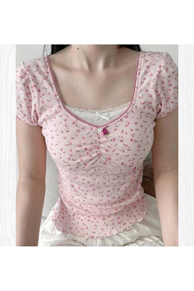 Smocked Floral Pattern Lolita Y2K Short Sleeve Full Length Crop